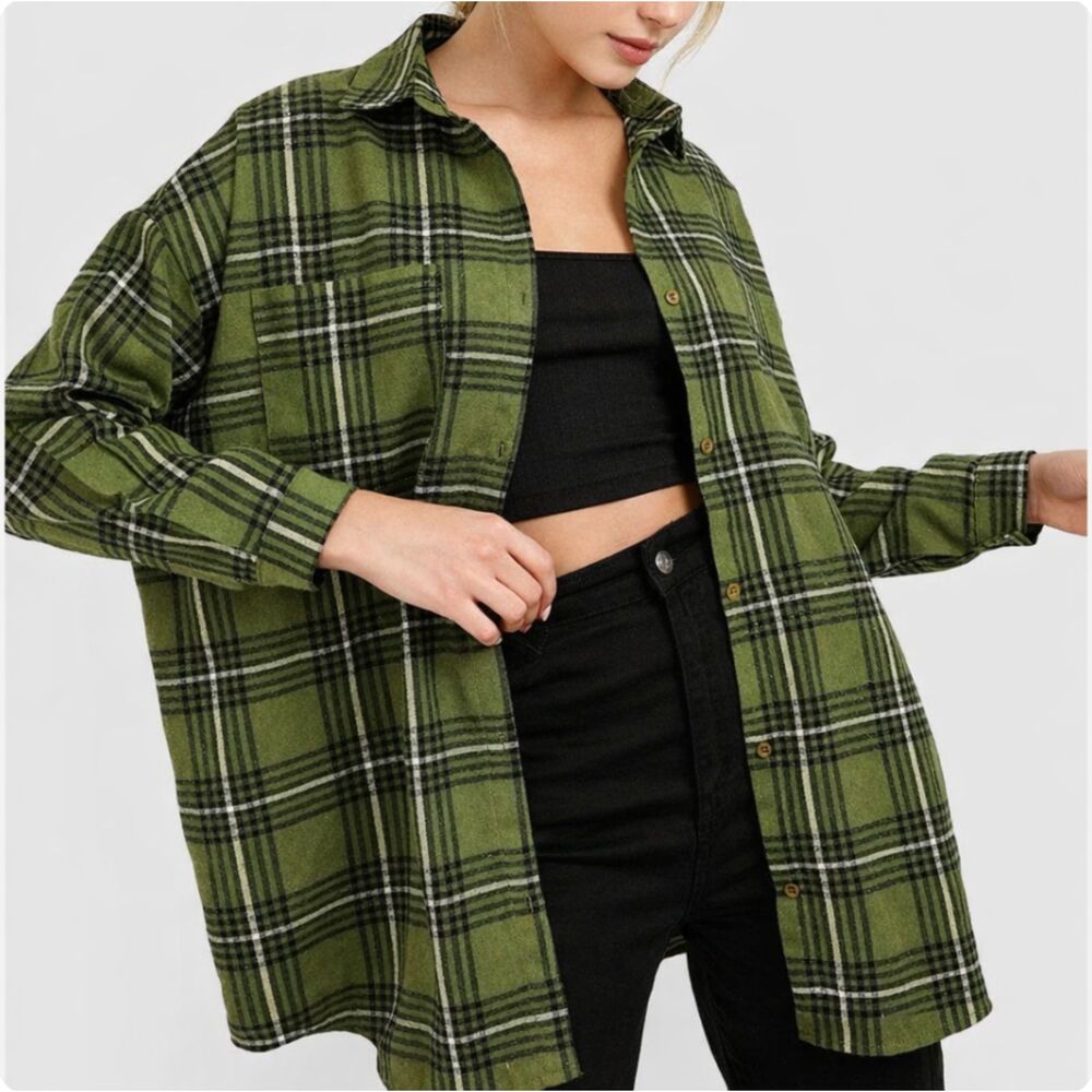 Nasty Gal Oversized Plaid Flannel Shirt Green Womens Size 6 Y2K Streetwear
